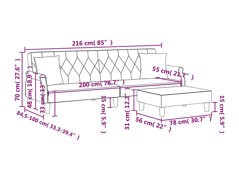 Schlafsofa 2-Sitzer mit Kissen und Fußhocker Dunkelgrau Samt