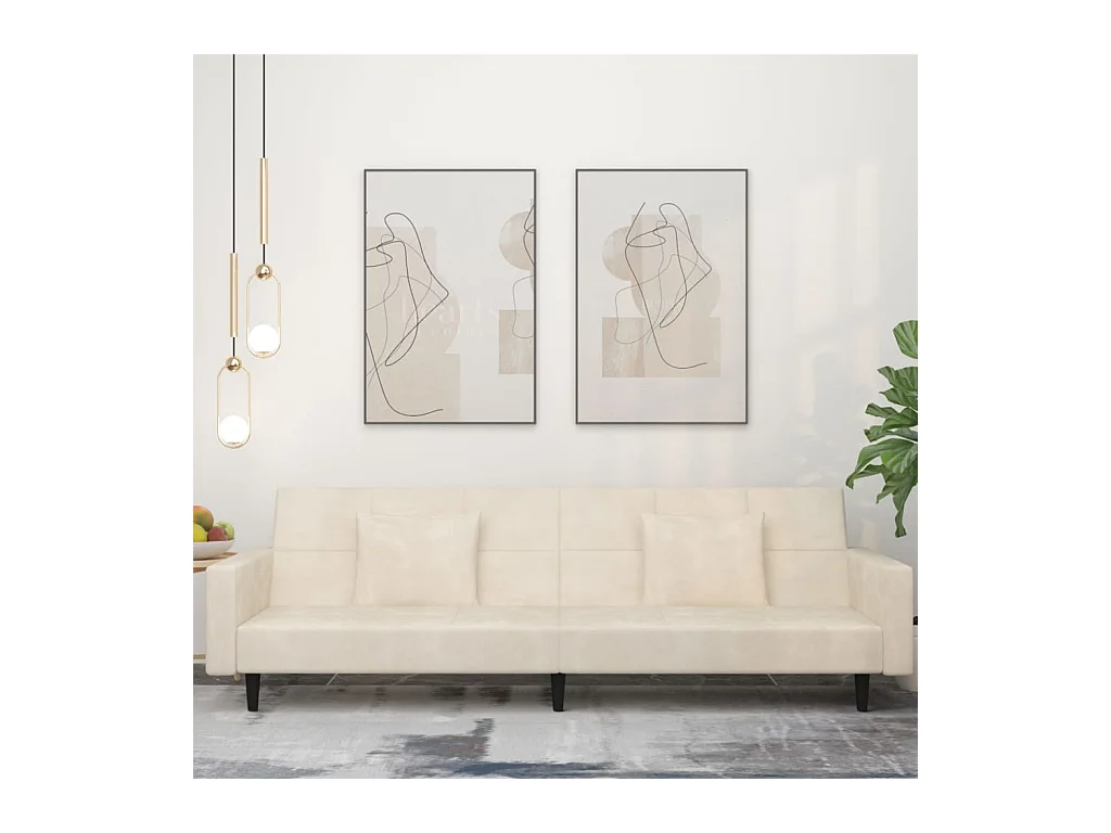 Canapé-lit à 2 places avec deux oreillers crème velours