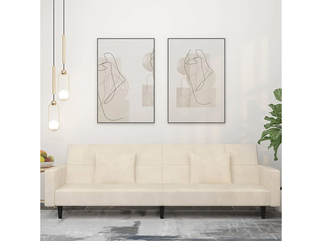 Sofá-cama 2 lugares com duas almofadas veludo cor creme