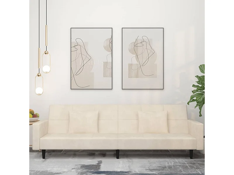 Sofá-cama 2 lugares com duas almofadas veludo cor creme