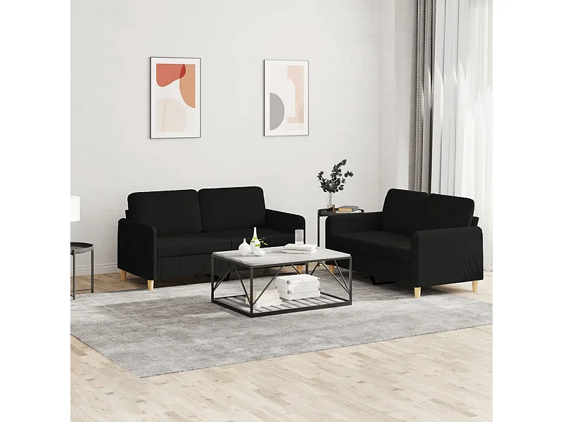 Set di Divani 2 pz con Cuscini Nero in Tessuto