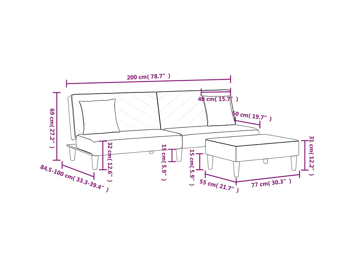Ensemble de canapés 2 pcs avec coussins bleu velours