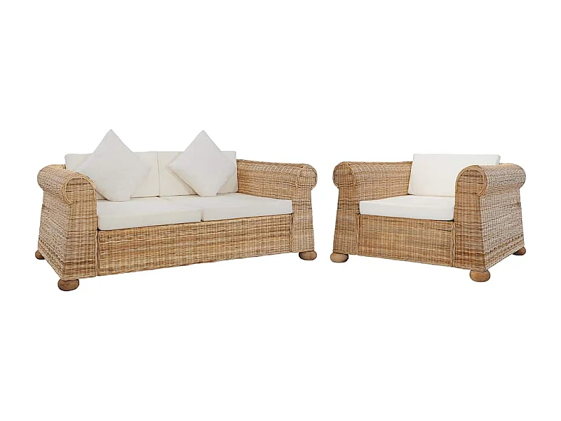 Ensemble de canapés avec coussins 2 pcs rotin naturel