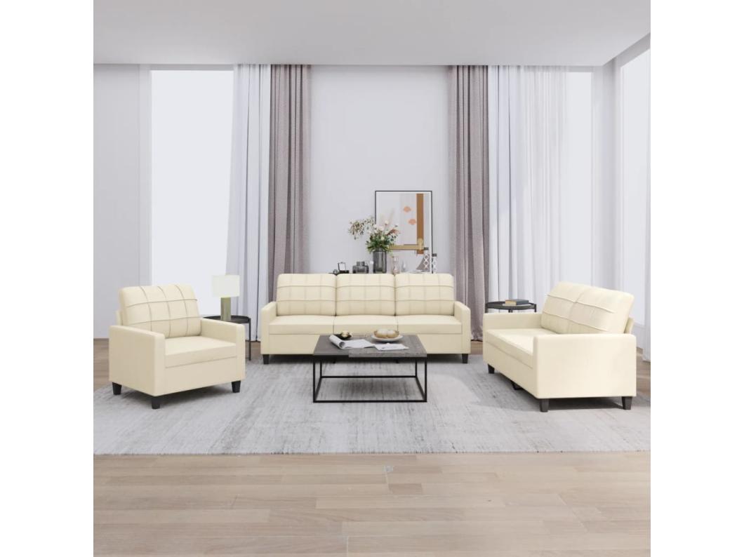 3 pcs conjunto sofás c/ almofadões couro artificial cor creme