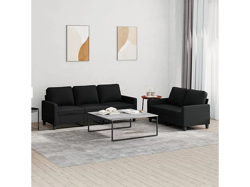 2-tlg. Sofagarnitur mit Kissen Schwarz Stoff