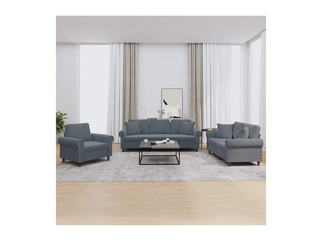 3-delige Loungeset met kussens fluweel donkergrijs