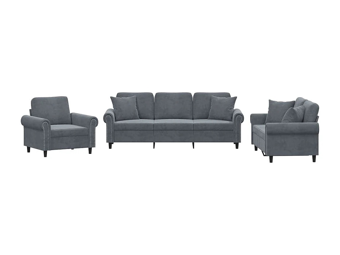 Set di Divani 3 pz con Cuscini Grigio Scuro in Velluto
