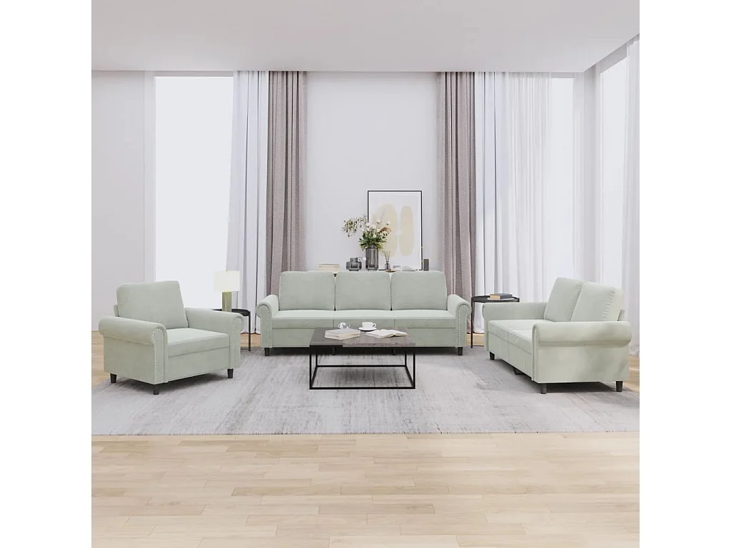 3-delige Loungeset met kussens fluweel lichtgrijs