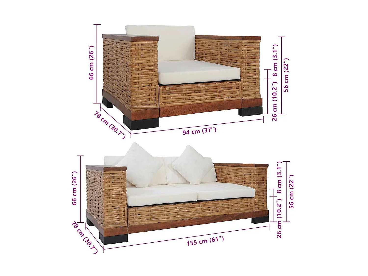 Ensemble de canapés 3 pcs avec coussins Marron Rotin naturel