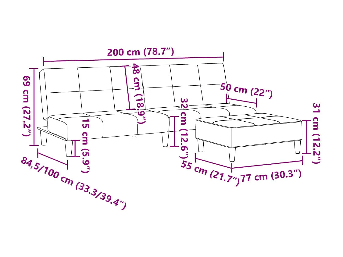 Canapé-lit à 2 places avec repose-pied patchwork tissu