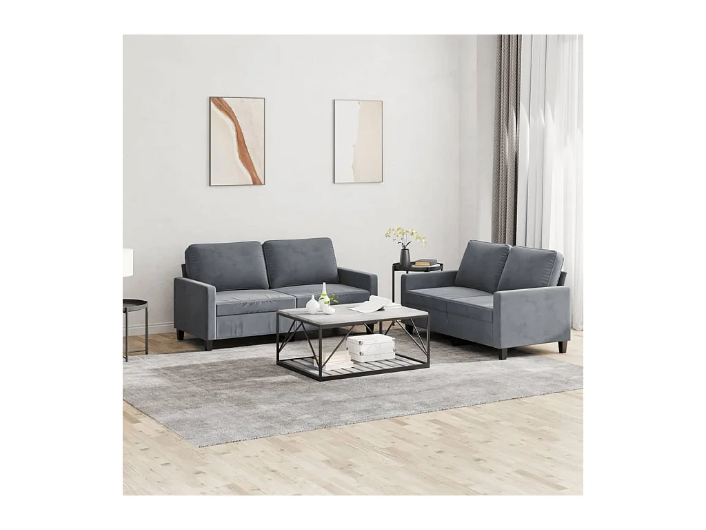 Set di Divani 2 pz con Cuscini Grigio Scuro in Velluto