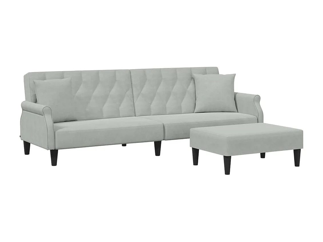 Sofá cama 2 plazas con almohadas taburete terciopelo gris claro