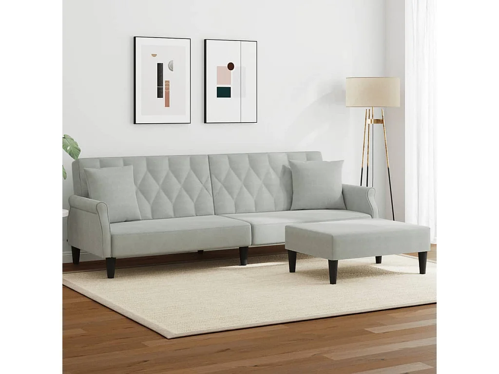 Sofá cama 2 plazas con almohadas taburete terciopelo gris claro