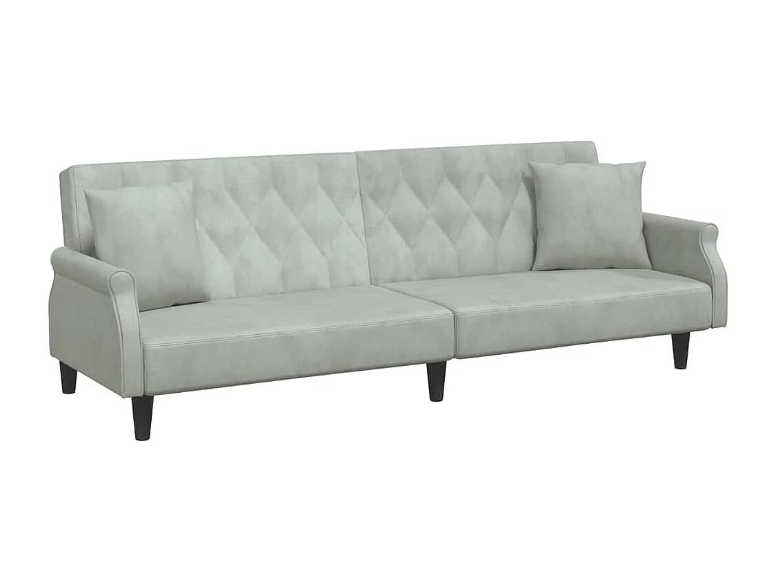 Sofá cama 2 plazas con almohadas taburete terciopelo gris claro