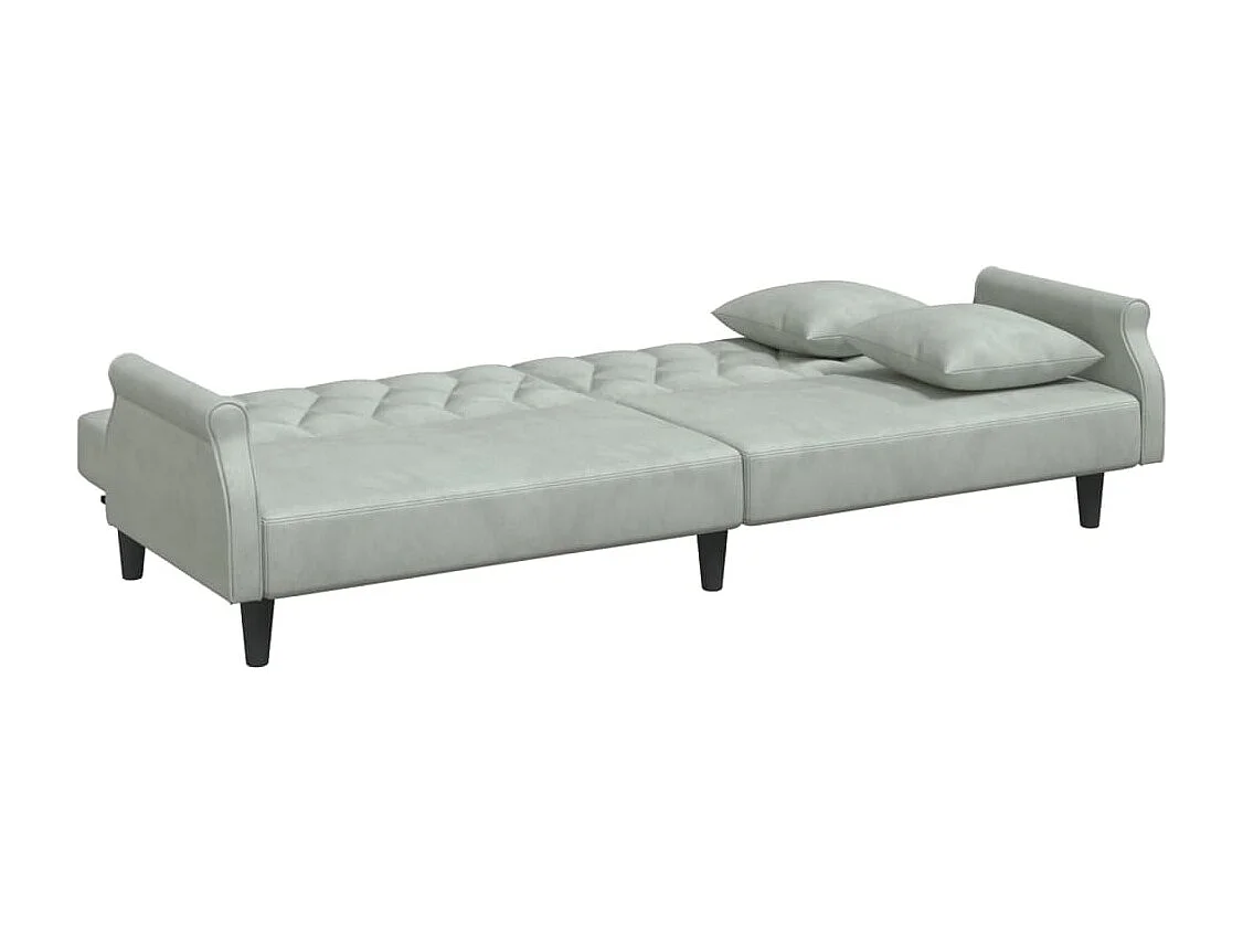Sofá cama 2 plazas con almohadas taburete terciopelo gris claro