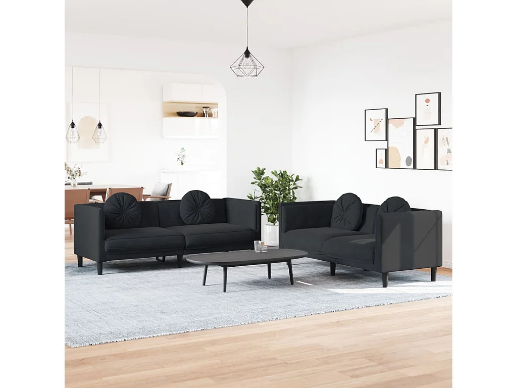 2-tlg. Sofagarnitur mit Kissen Schwarz Samt