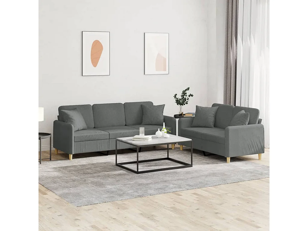 Set di Divani 2 pz con Cuscini Grigio Scuro in Tessuto