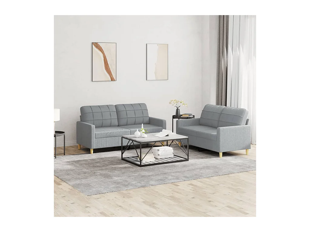 Set di Divani 2 pz con Cuscini Grigio Chiaro in Tessuto