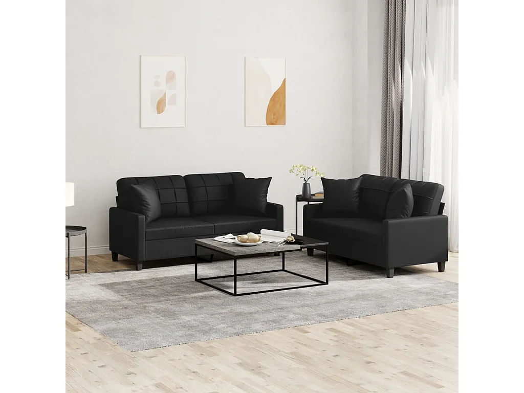 Ensemble de canapés 2 pcs avec coussins noir similicuir