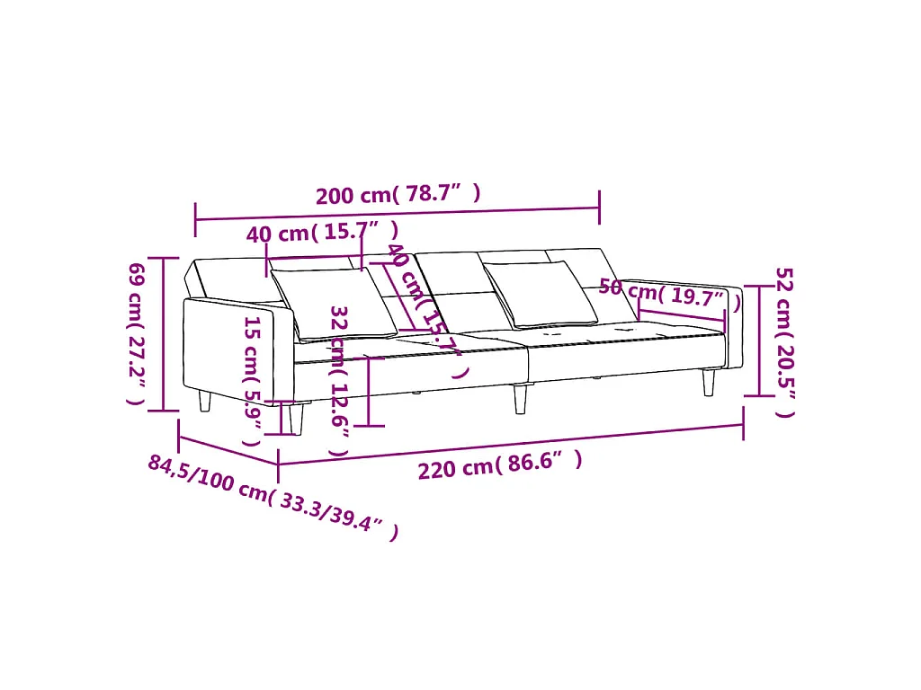 Slaapbank 2-zits met 2 kussens fluweel roze
