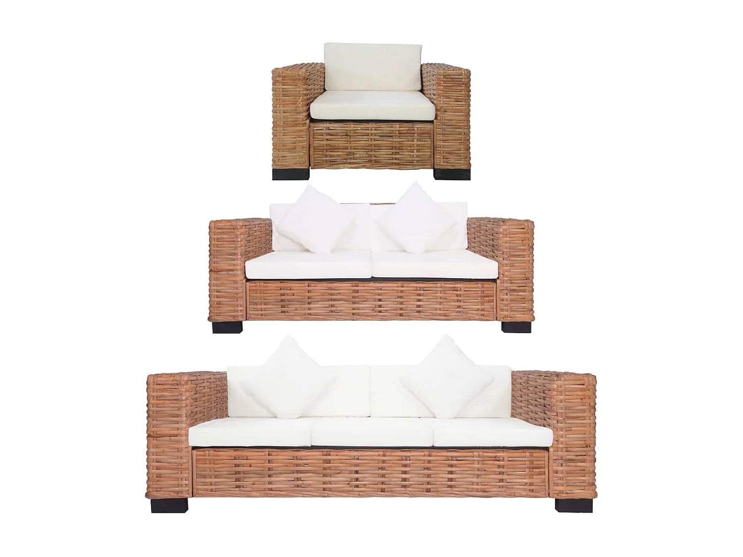 3-tlg. Sofagarnitur mit Auflagen Natur Rattan