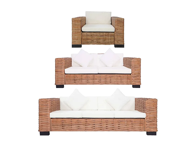 Ensemble de canapés 3 pcs avec coussins Rotin naturel