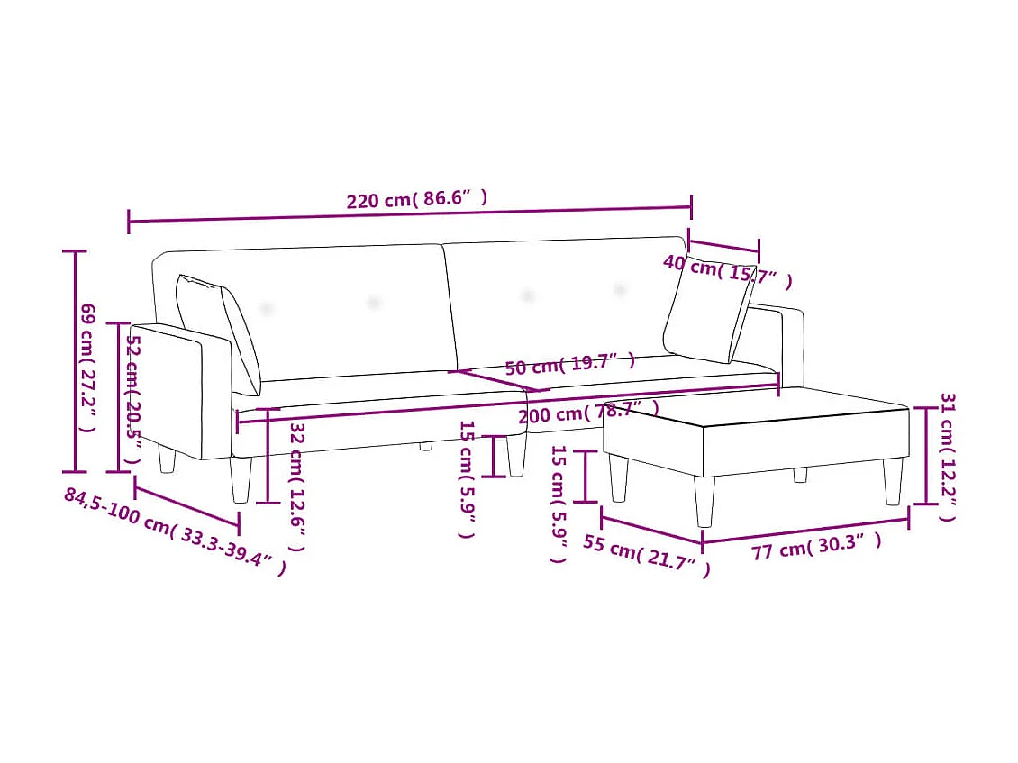 Slaapbank 2-zits met voetenbank stof zwart