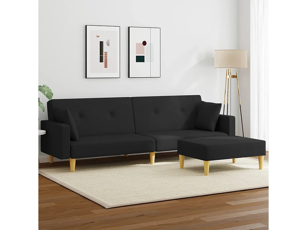 Sofá-cama de 2 lugares com apoio de pés tecido preto