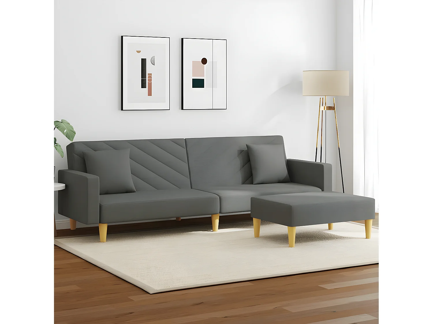 Canapé-lit à 2 places avec oreillers et repose-pied gris foncé