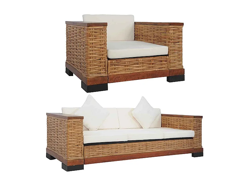 Ensemble de canapés 2 pcs avec coussins Marron Rotin naturel