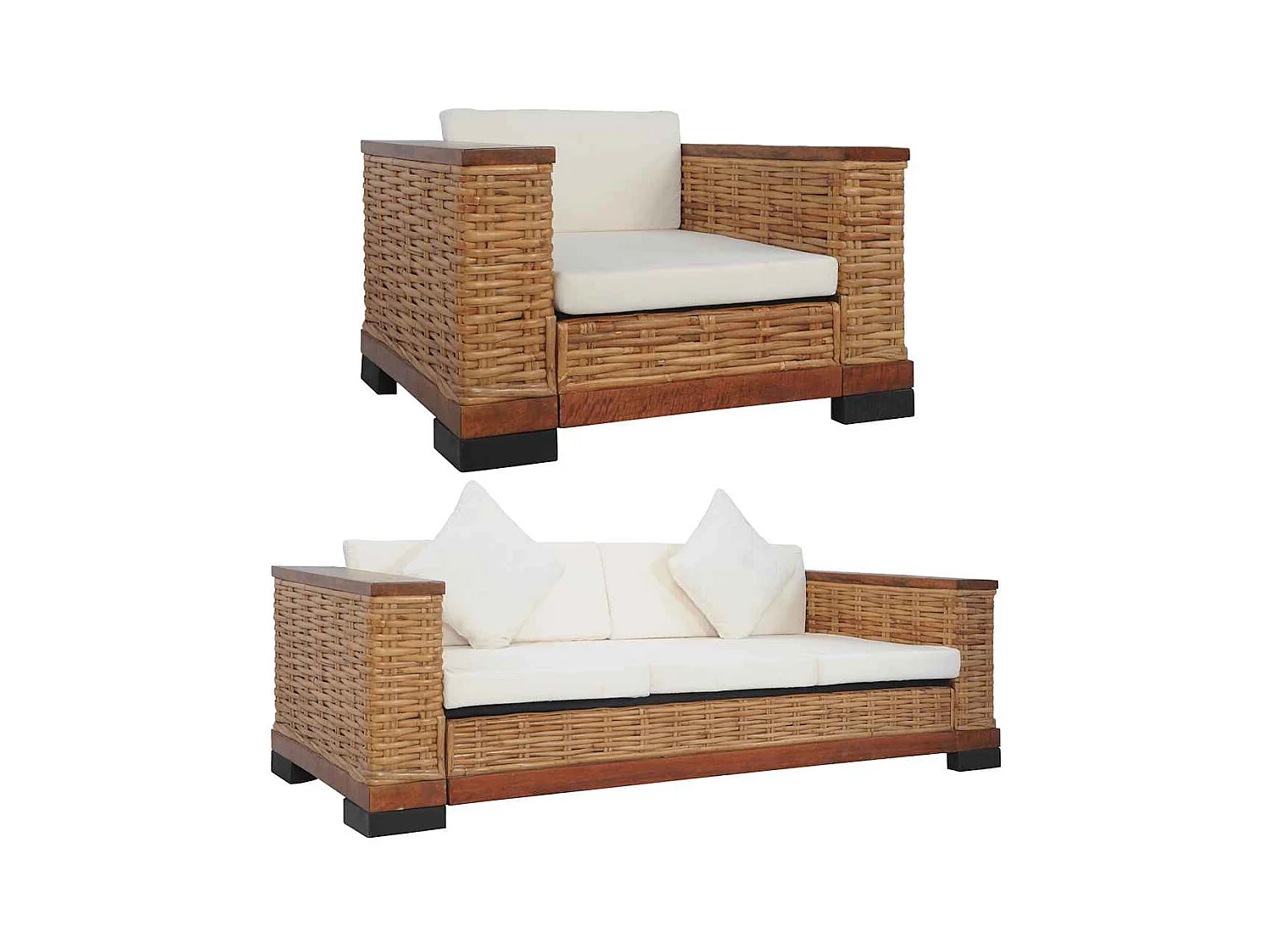 Ensemble de canapés 2 pcs avec coussins Marron Rotin naturel