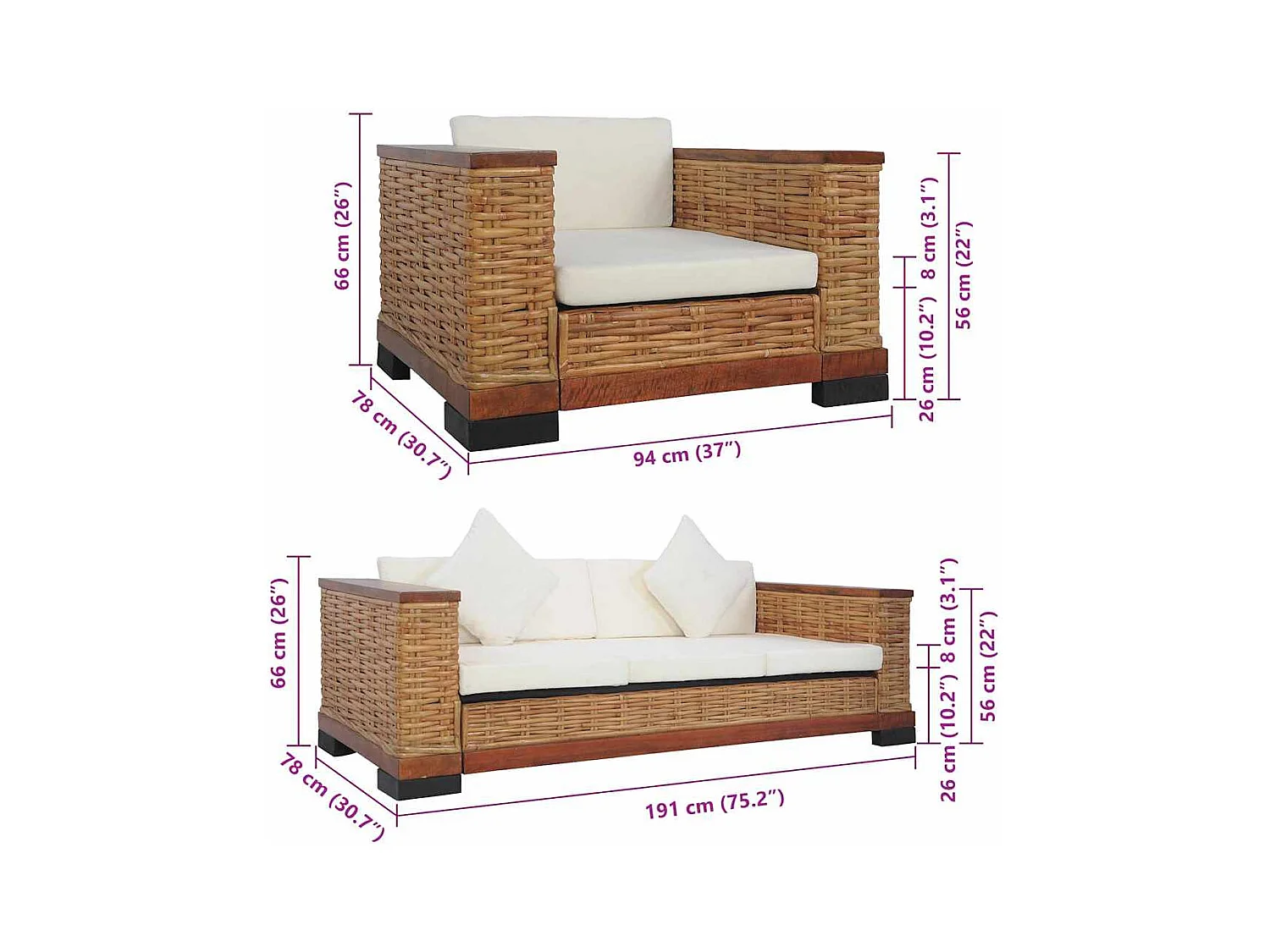 Set di Divani 2 pz con Cuscini in Rattan Naturale Marrone