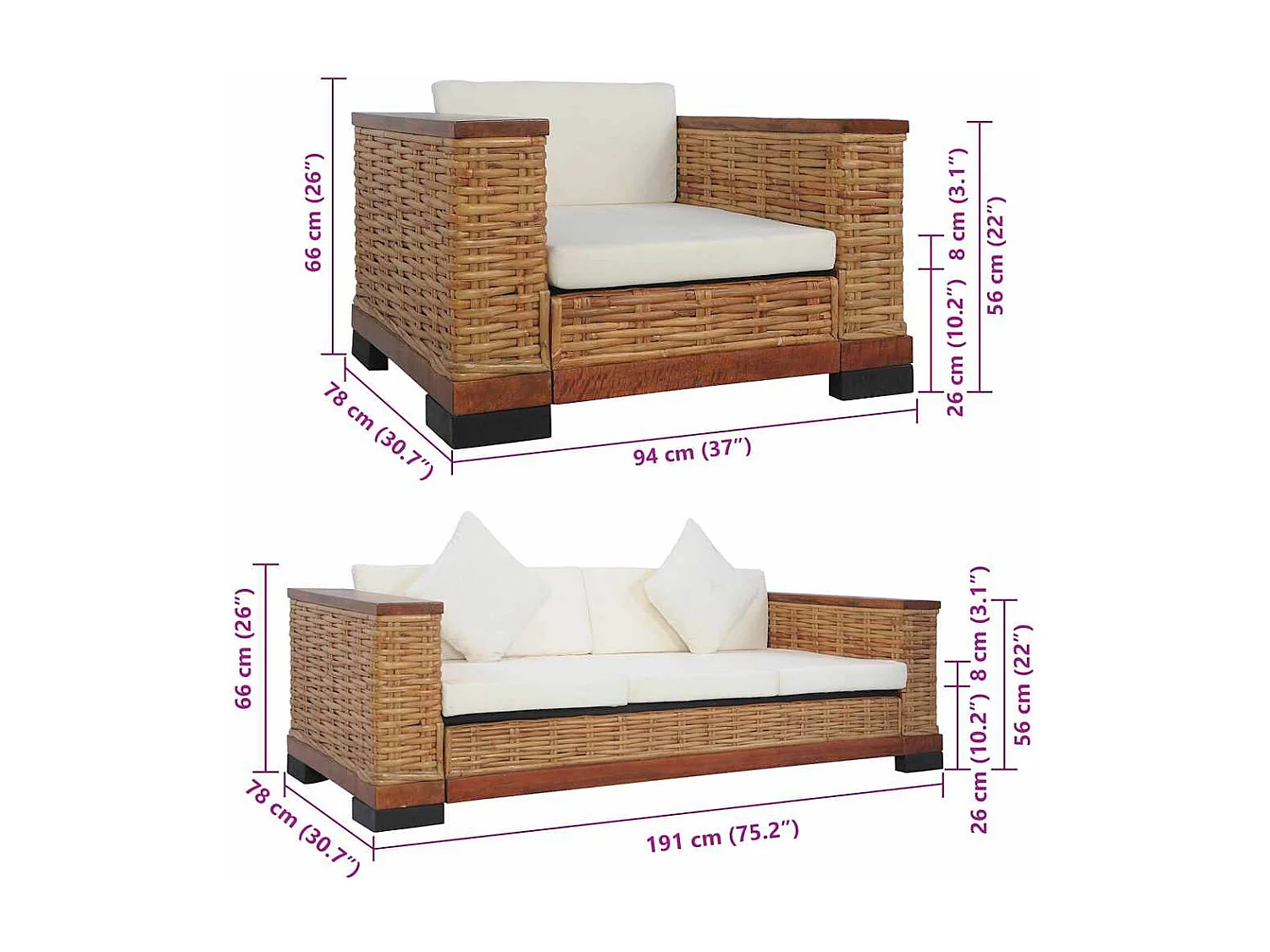 Ensemble de canapés 2 pcs avec coussins Marron Rotin naturel