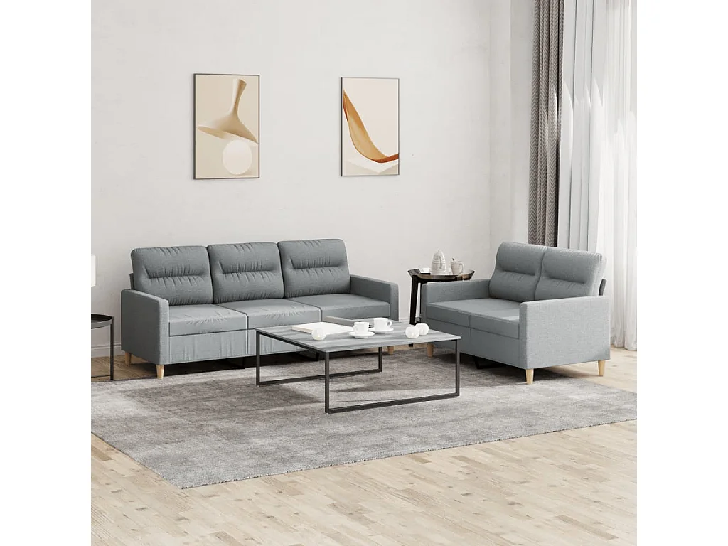 Set di Divani 2 pz con Cuscini Grigio Chiaro in Tessuto