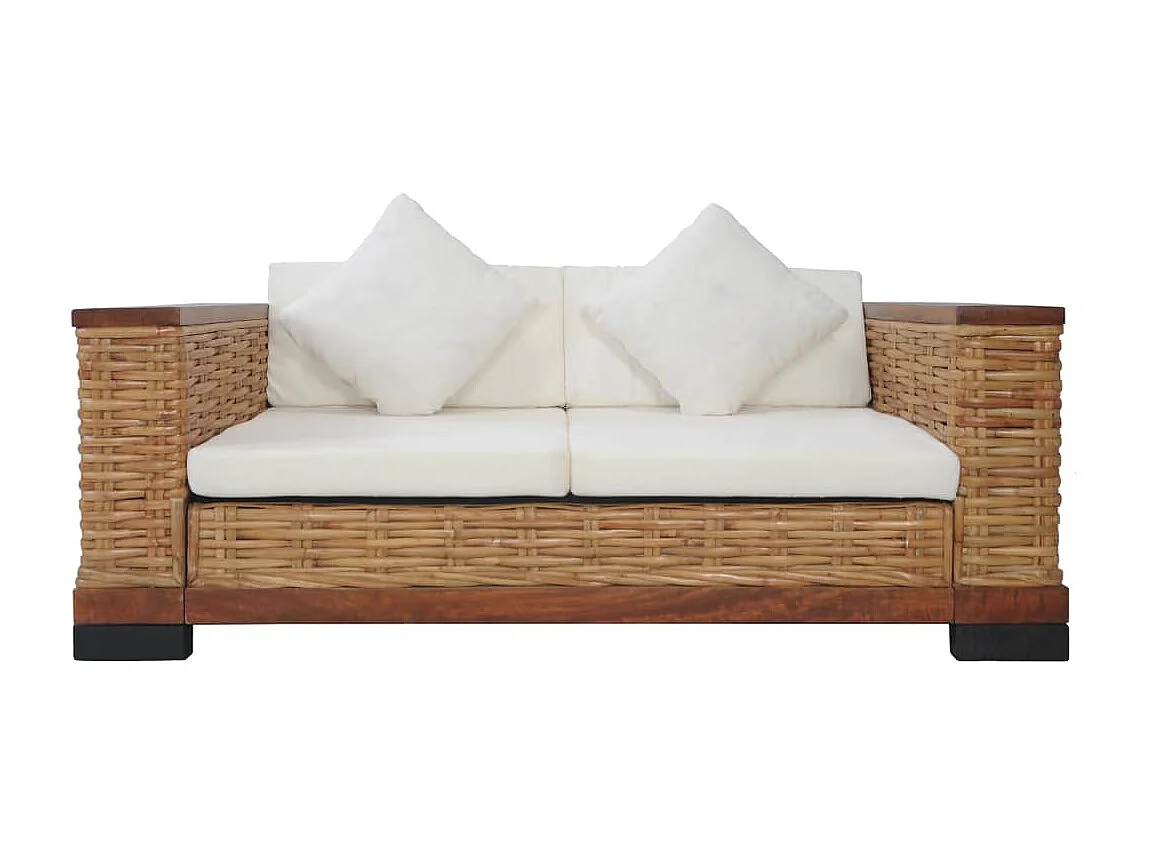 Ensemble de canapés 2 pcs avec coussins marron rotin naturel