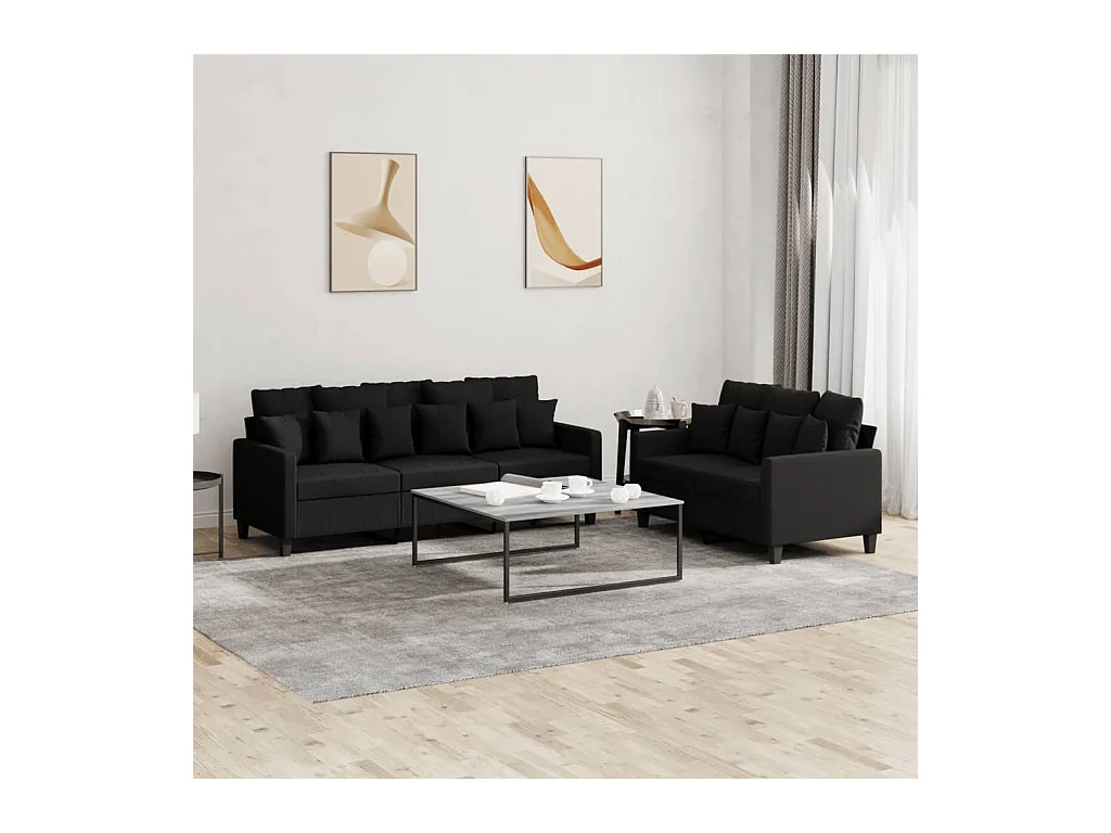 Set di Divani 2 pz con Cuscini Nero in Tessuto