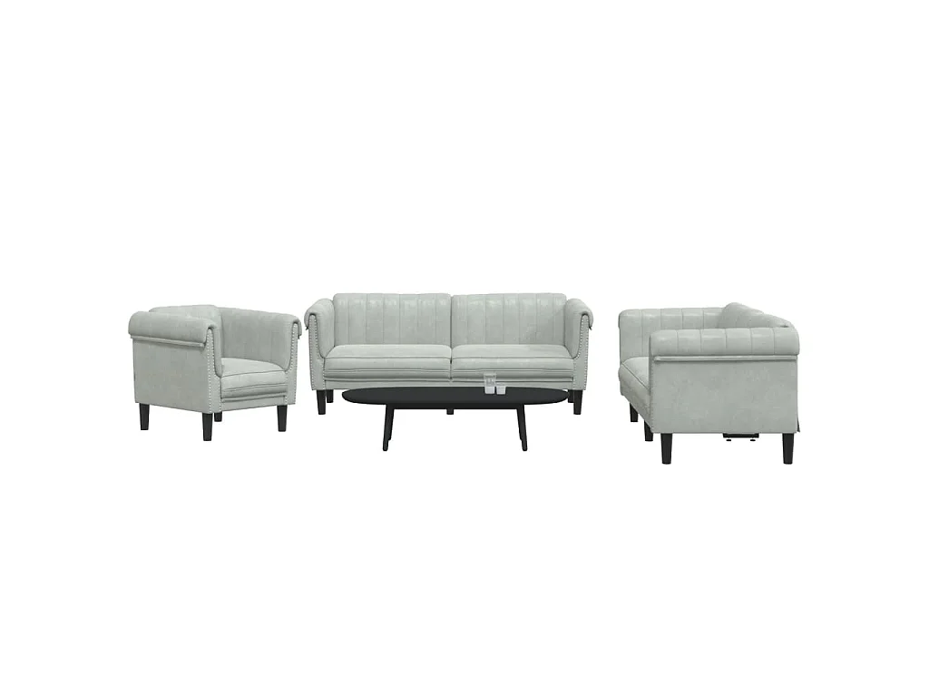 3 pcs conjunto de sofás veludo cinzento-claro