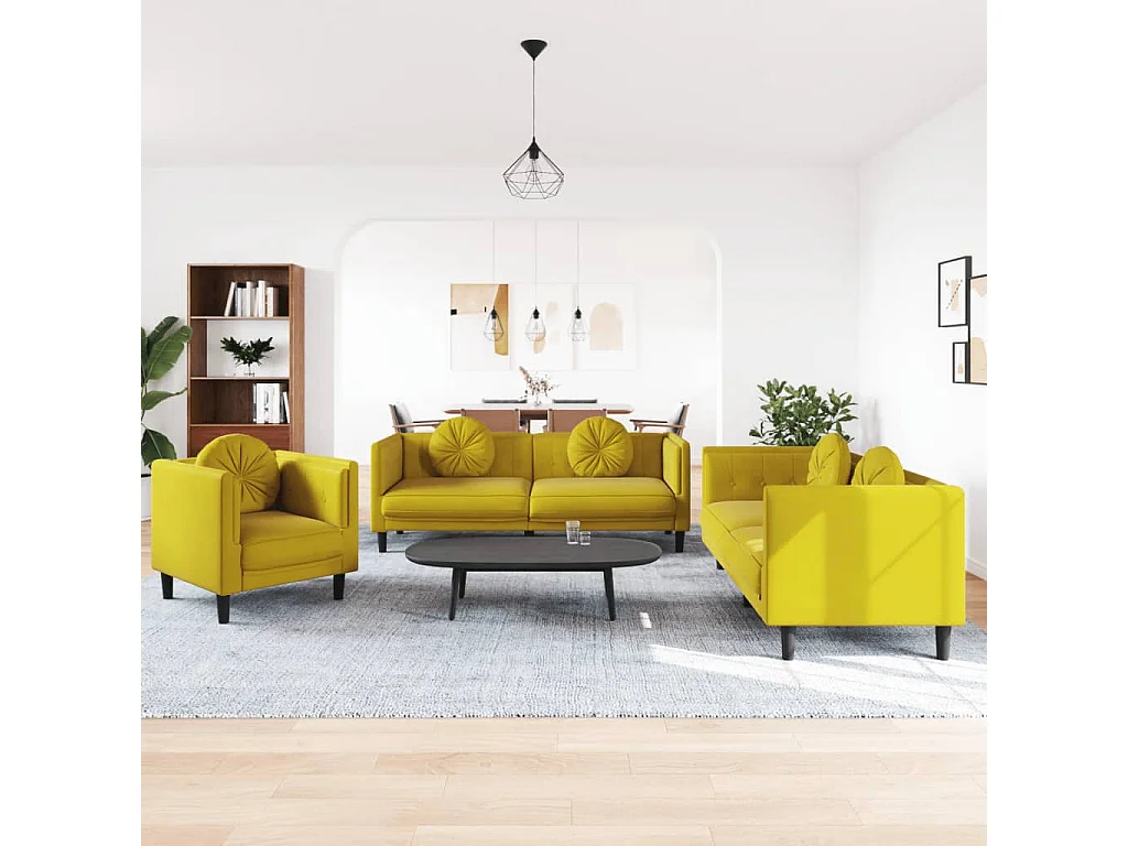 Set di Divani 3 pz con Cuscini Giallo in Velluto