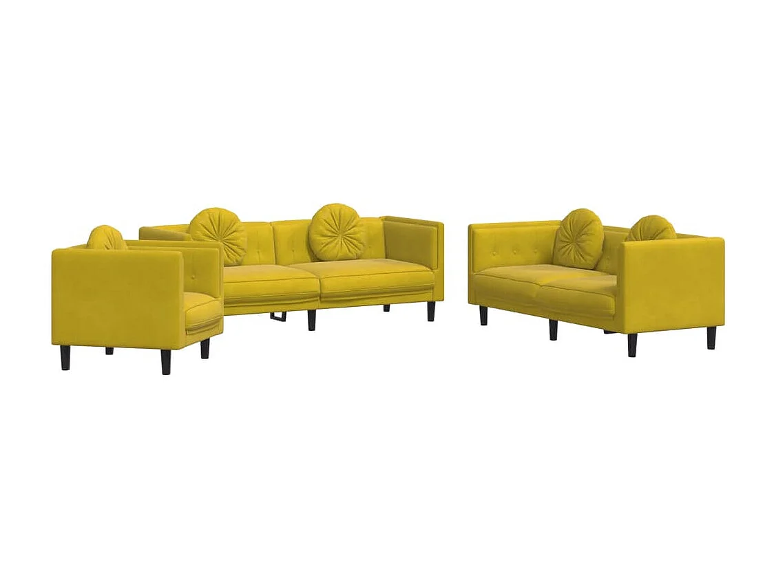 Set di Divani 3 pz con Cuscini Giallo in Velluto