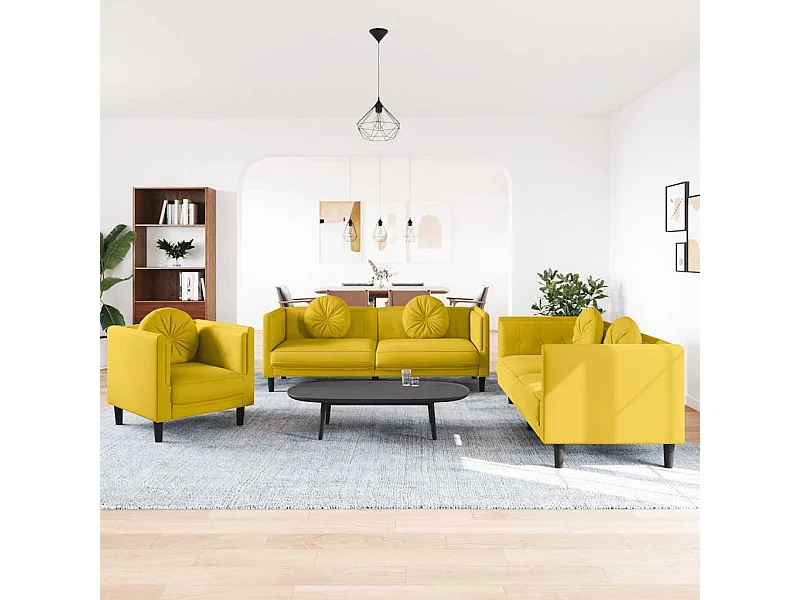 Ensemble de canapés 3 pcs avec coussins jaune velours