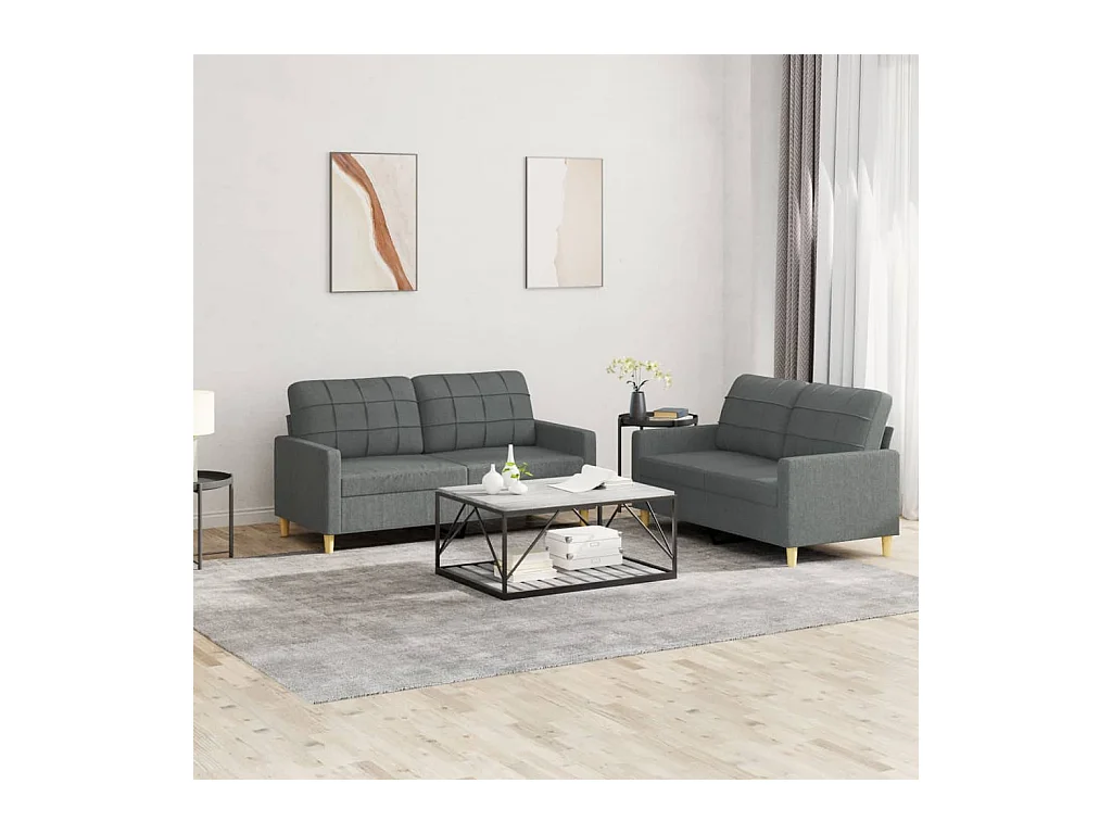 Set di Divani 2 pz con Cuscini Grigio Scuro in Tessuto