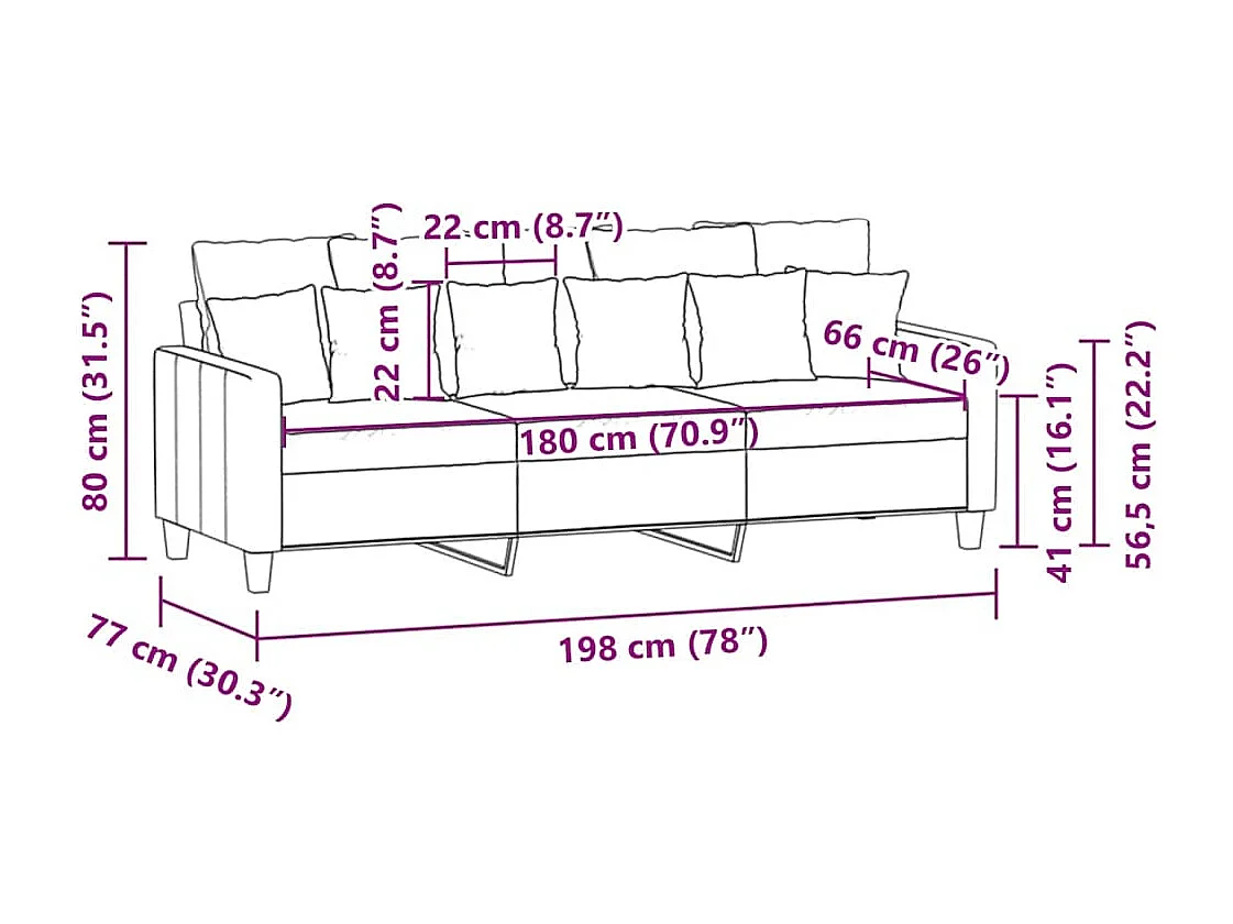 Canapé à 3 places Noir 180 cm Tissu