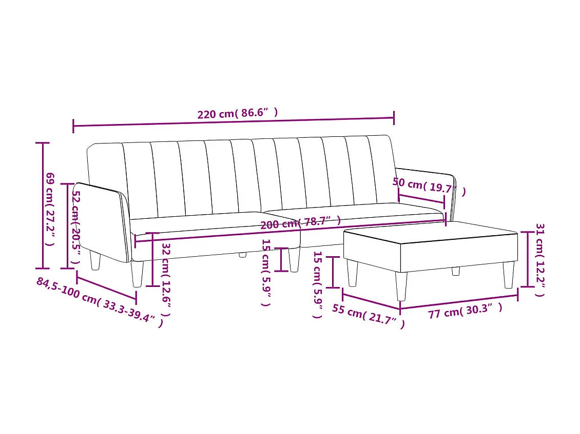Schlafsofa 2-Sitzer mit Fußhocker Schwarz Stoff