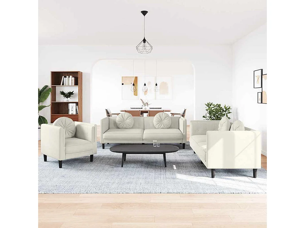 3-tlg. Sofagarnitur mit Kissen Creme Samt