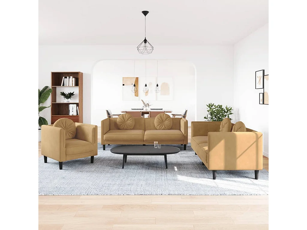 Set di Divani 3 pz con Cuscini Marrone in Velluto