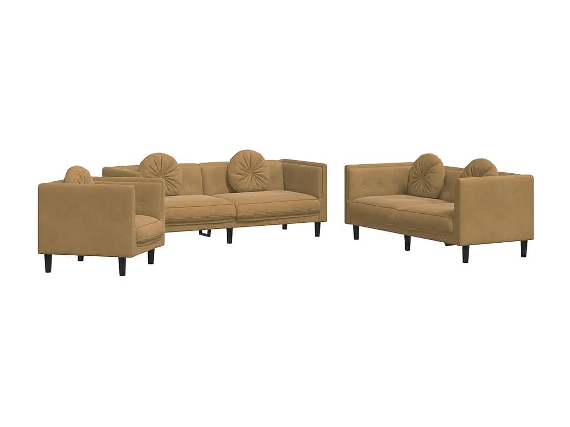 Set di Divani 3 pz con Cuscini Marrone in Velluto