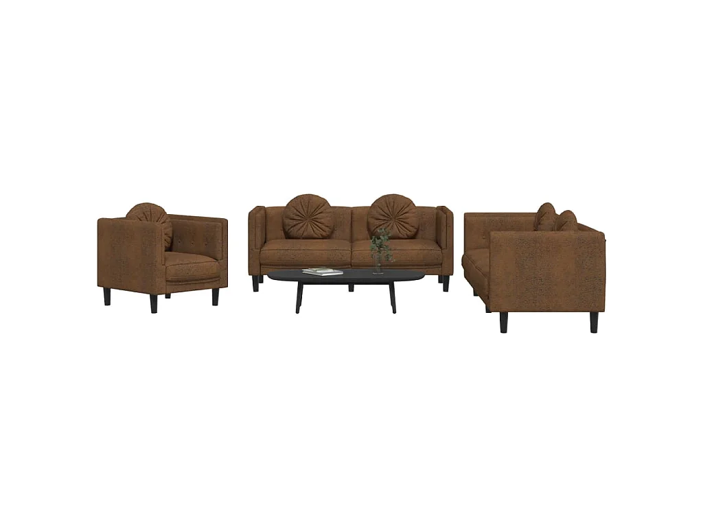 3 pcs conjunto de sofás com almofadas veludo castanho