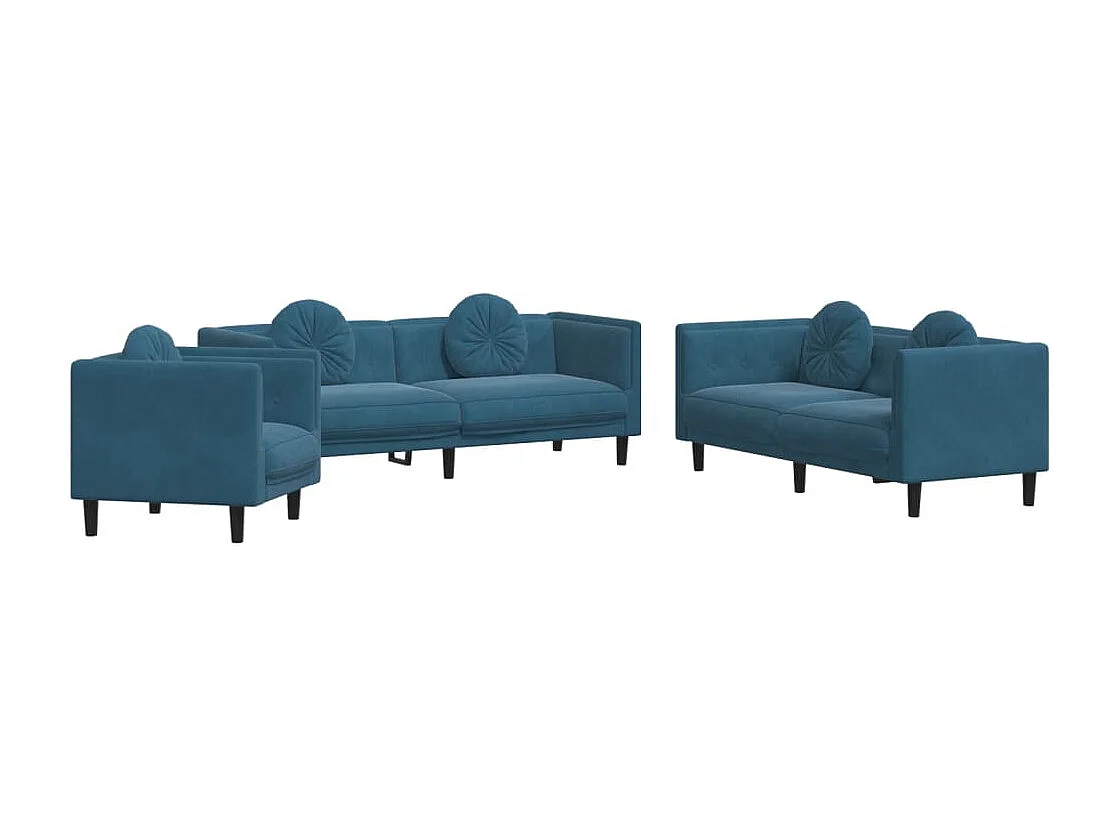 Set di Divani 3 pz con Cuscini Blu in Velluto