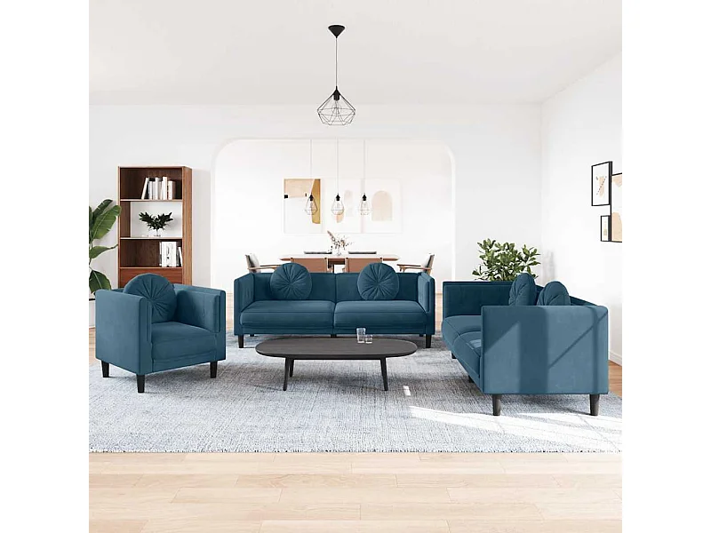 3-tlg. Sofagarnitur mit Kissen Blau Samt