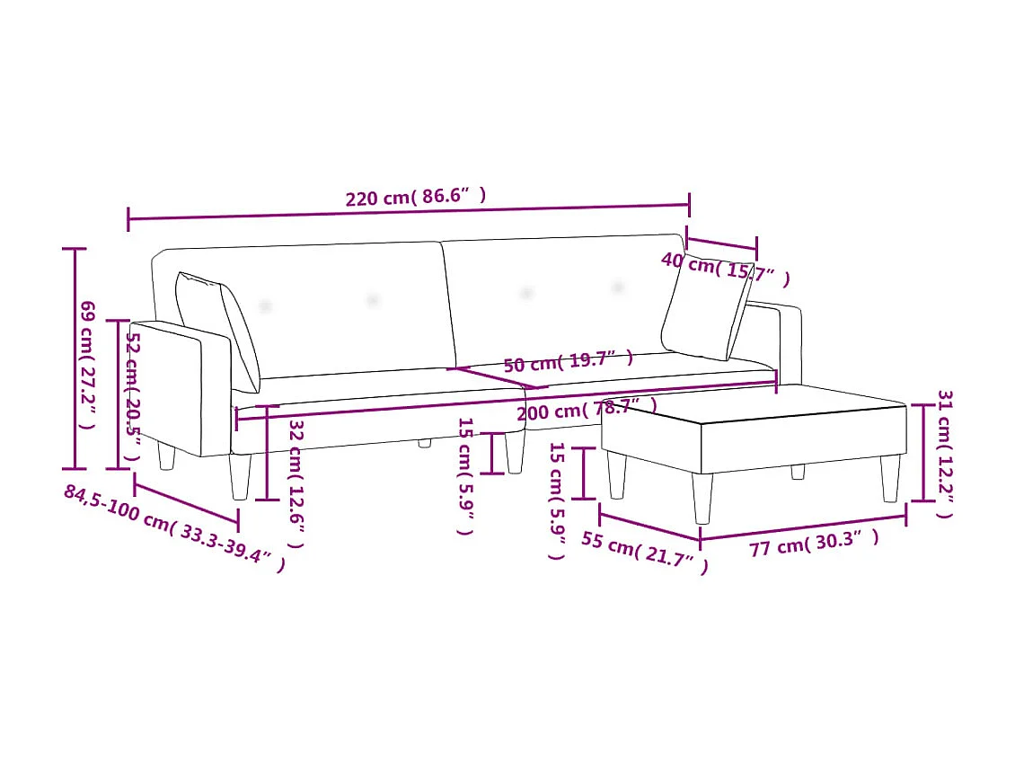 Schlafsofa 2-Sitzer mit Fußhocker Dunkelgrau Stoff
